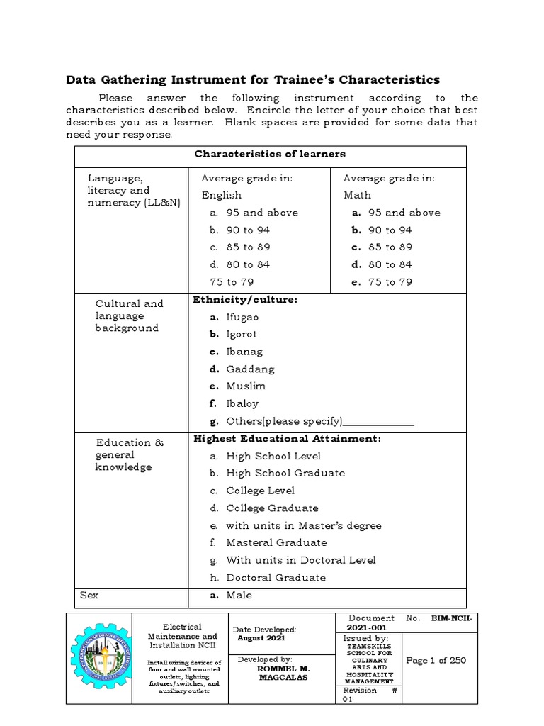 Data Gathering Instrument For Trainee's Characteristics EIM NCII PDF