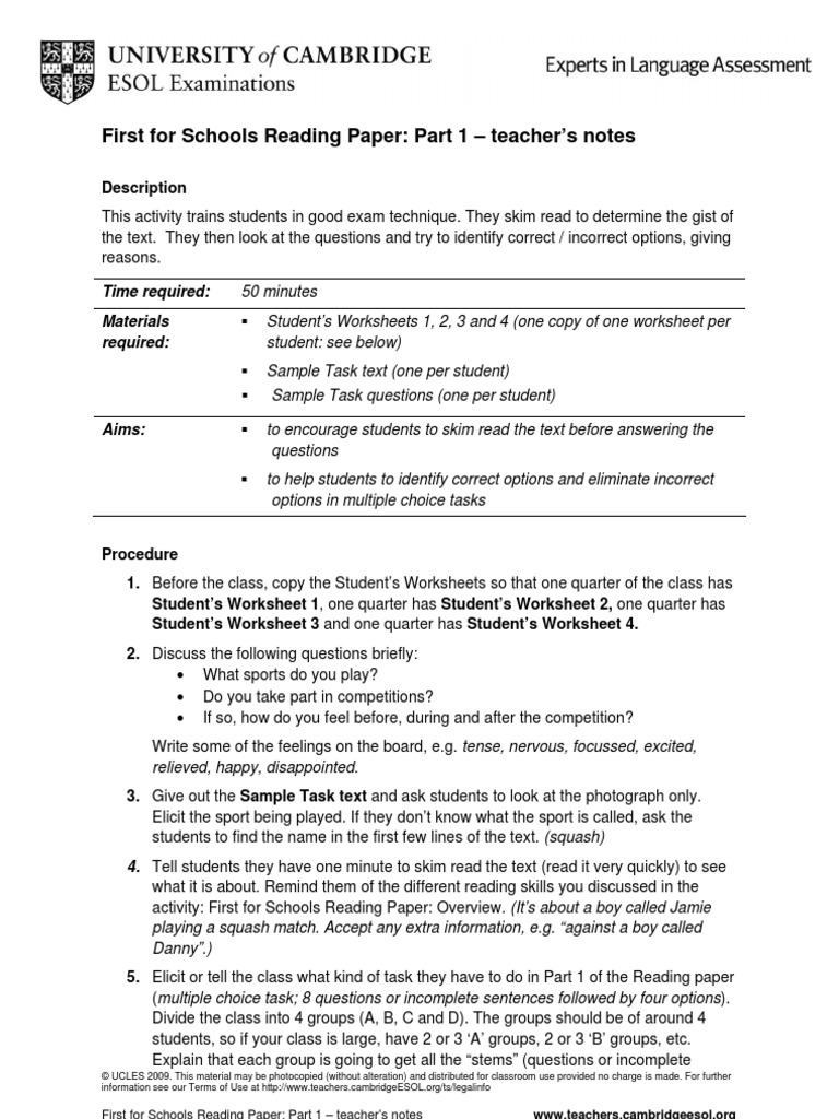 First For Schools Reading Paper: Part 1 - Teacher's Notes: 50 Minutes ...