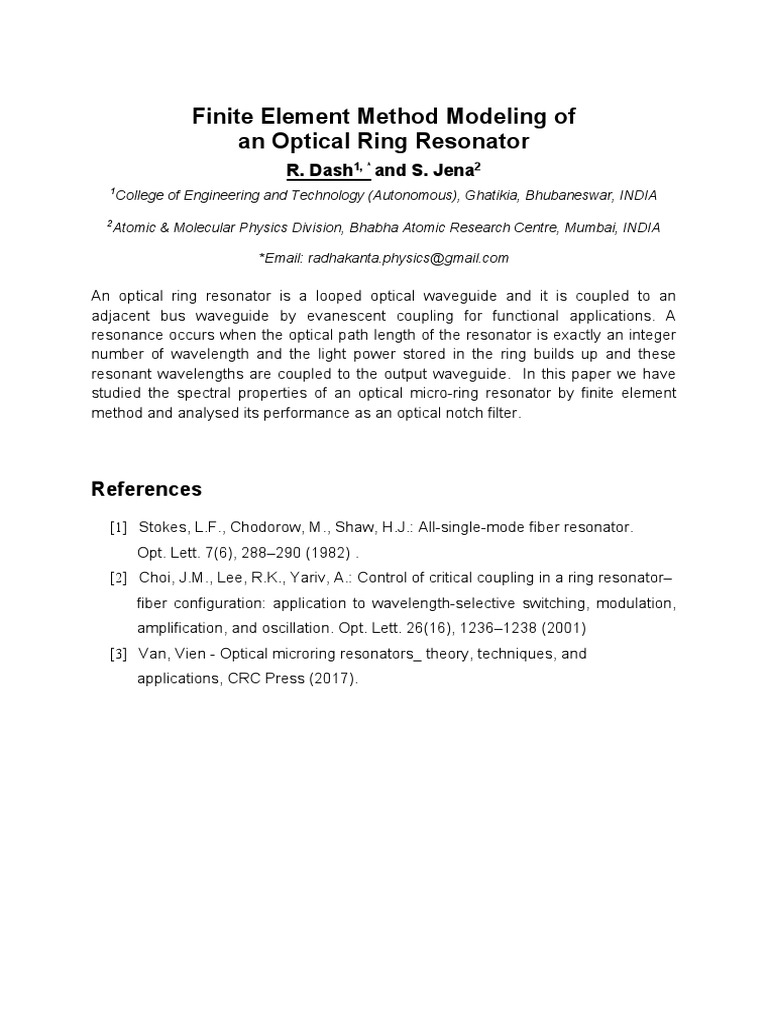 Finite Element Method Modeling of An Optical Ring Resonator | PDF ...