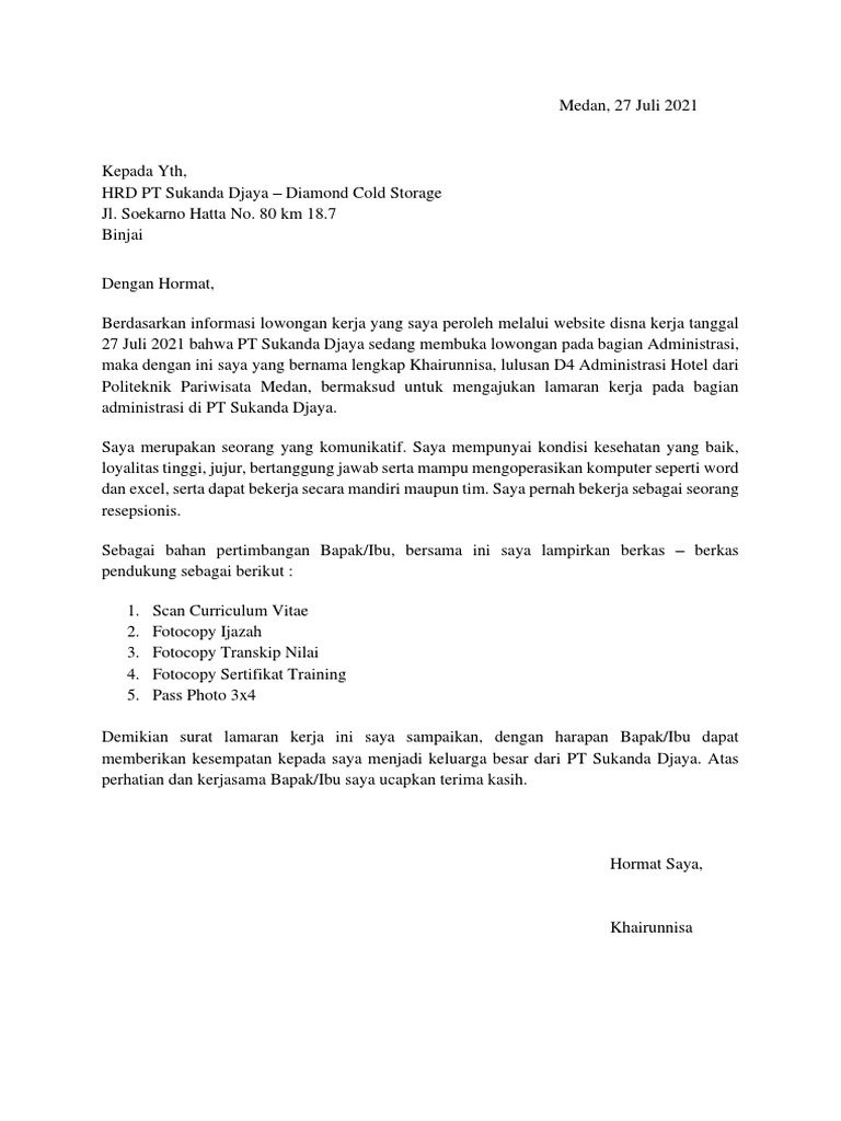 Surat Lamaran Kerja PT Sukanda Djaya | PDF