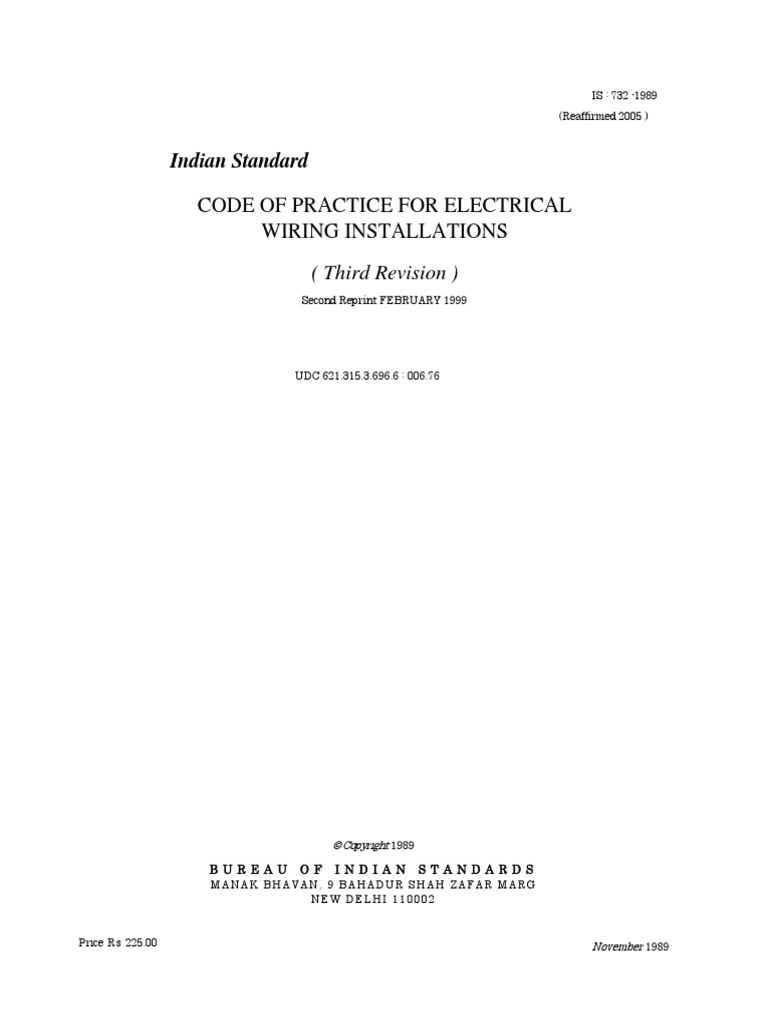 Is 732 1989 (Reaffirmed 2005) Code of Practice For Electrical Wiring ...