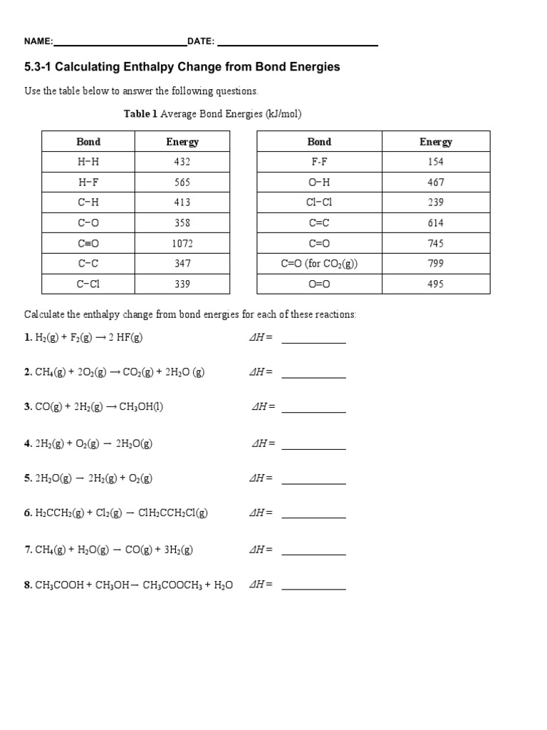 Bond Energy Calculations Worksheet 1 | PDF