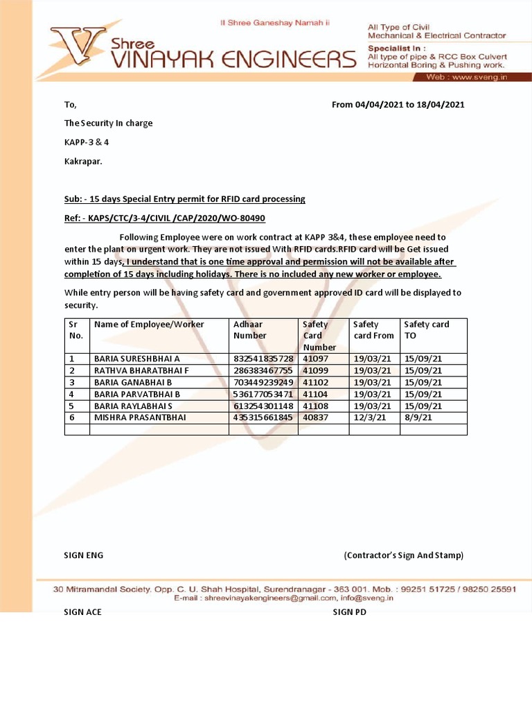 Sub: - 15 Days Special Entry Permit For RFID Card Processing Ref ...