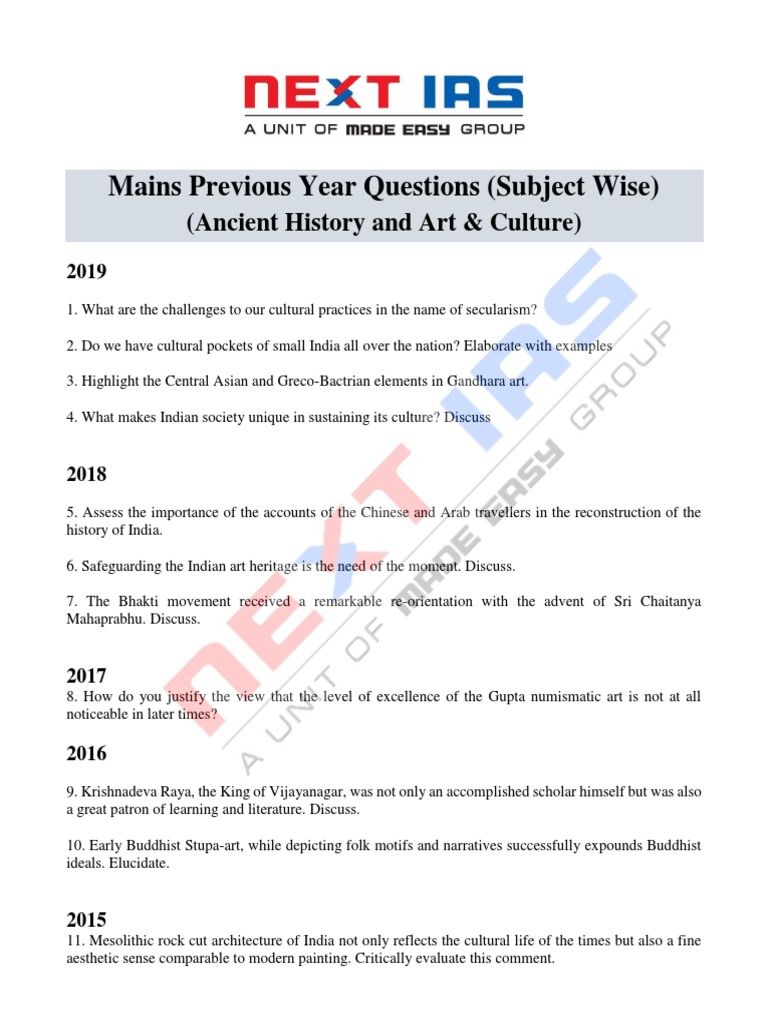UPSC Mains: Ancient History & Culture PYQs | PDF | Religion And Belief ...