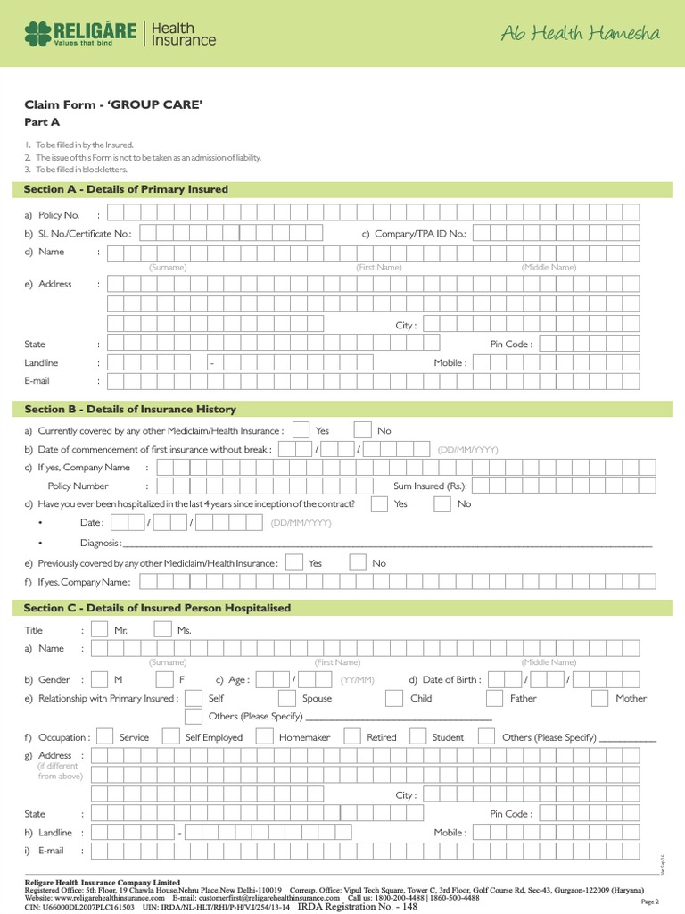 Group Health Claim Form Download Free PDF Hospital Therapy
