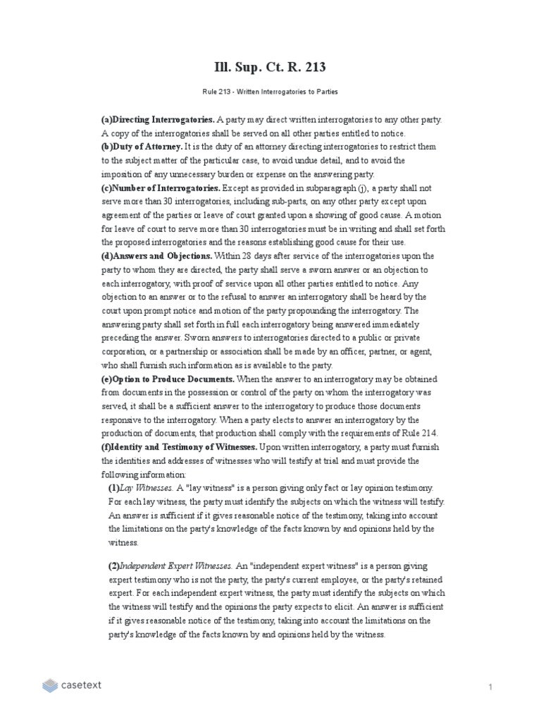 Rule 213 Written Interrogatories To Parties PDF Discovery (Law