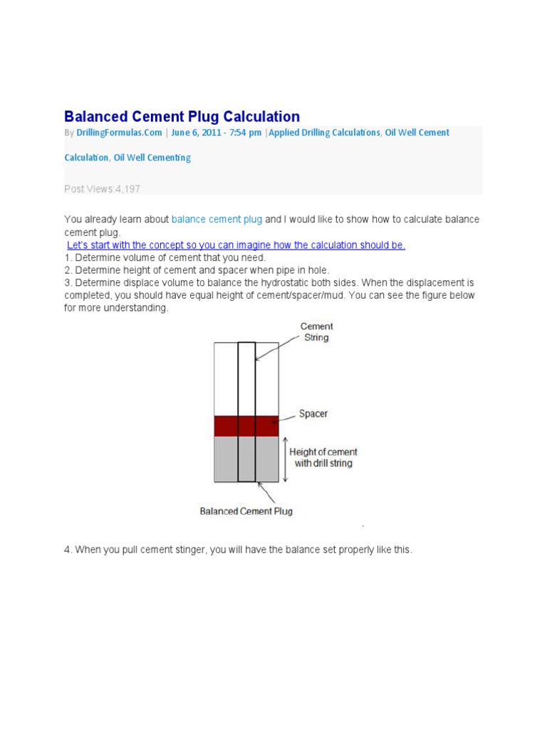 Balanced Cement Plug Calculation by , , Post Views4,197 PDF Casing (Borehole) Volume