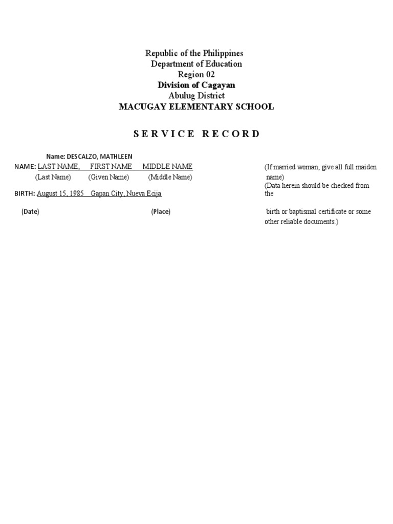 Service Record: Division of Cagayan Macugay Elementary School | PDF