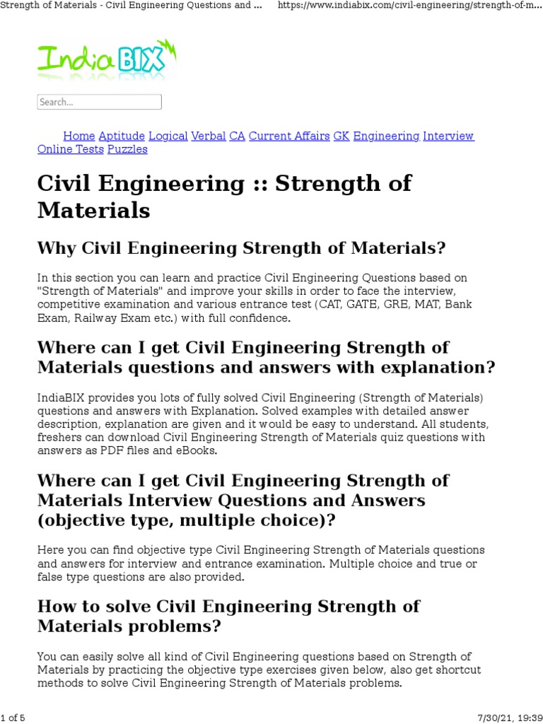 Strength of Materials Civil Engineering Questions and Answers PDF