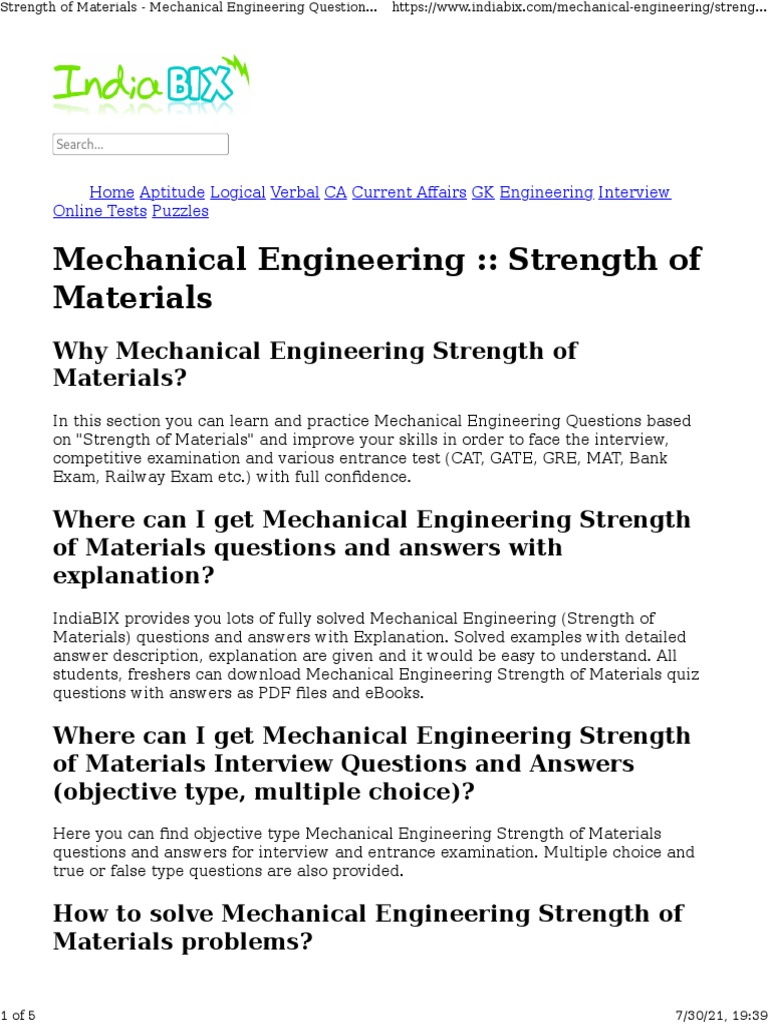 Strength of Materials Mechanical Engineering Questions and Answers