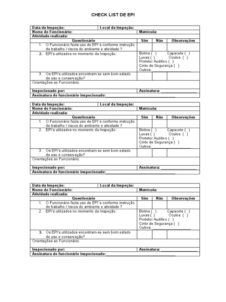 Modelo de Check List de EPI | PDF | Equipamentos esportivos | Segurança
