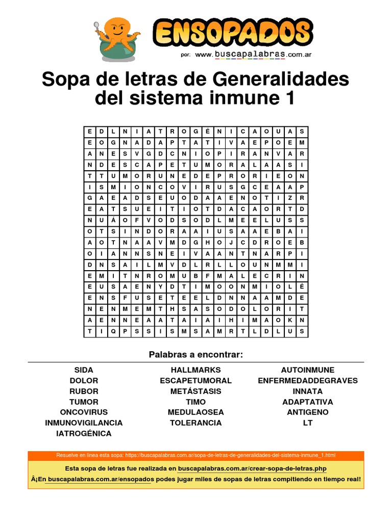 Sopa de Letras de Generalidades Del Sistema Inmune 1 | Descargar gratis ...