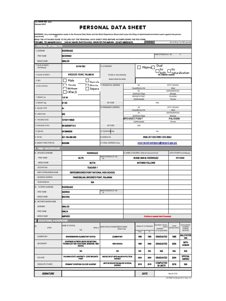 Personal Data Sheet Filipino Dual Citizenship by Birth by
