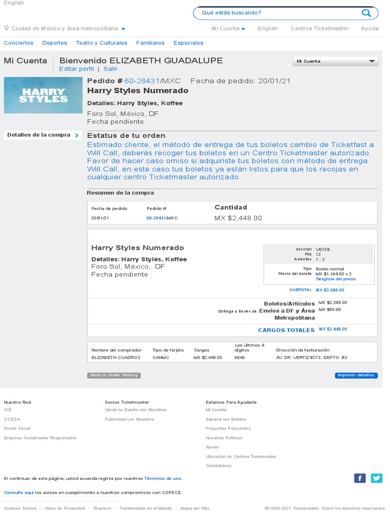 Ticketmaster Member Services Order History PDF Business Science