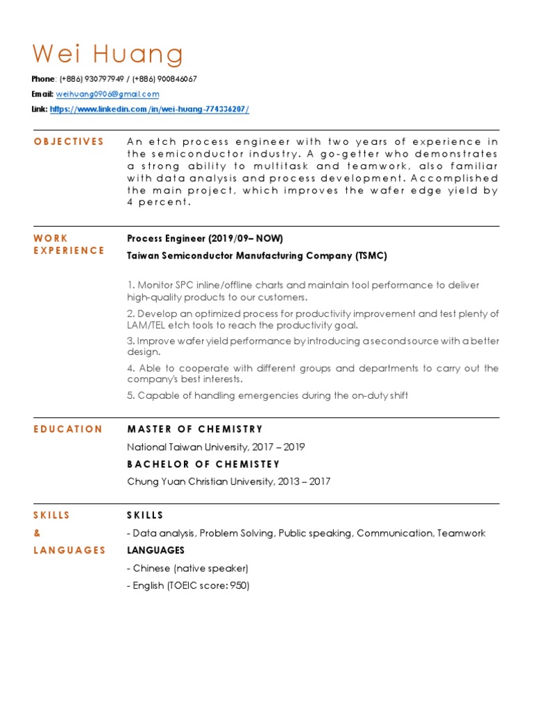 Etch Process Engineer Resume - Taiwan | PDF | Business