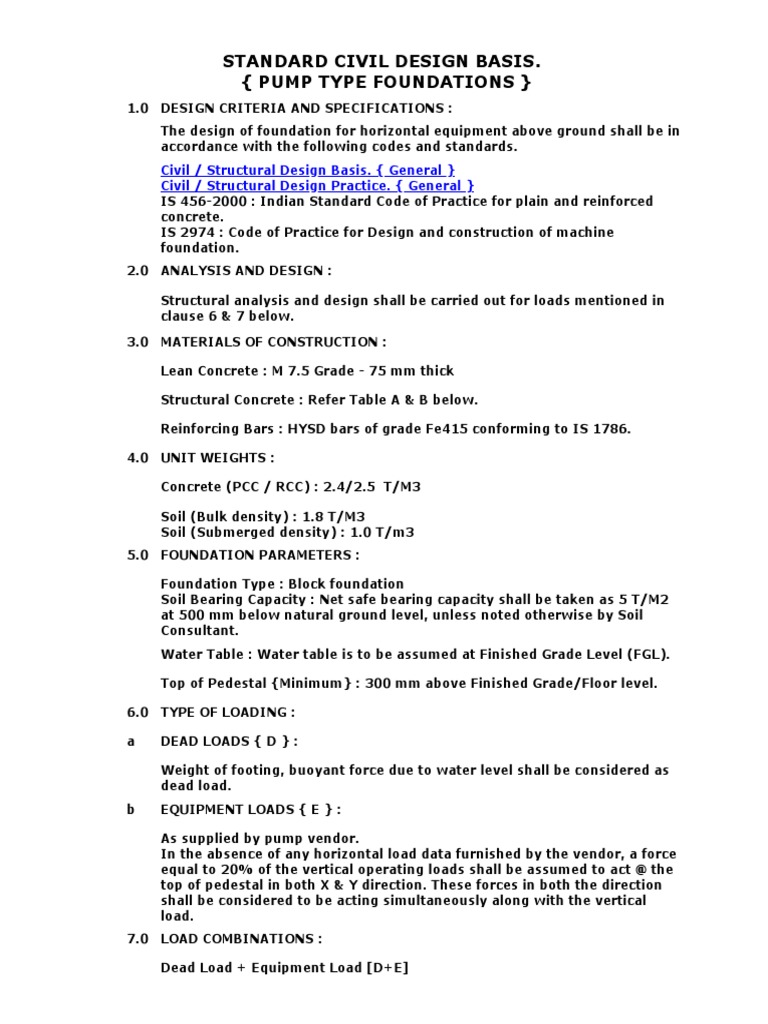 Standard Civil Design Basis Pump Foundations PDF Foundation (Engineering) Concrete