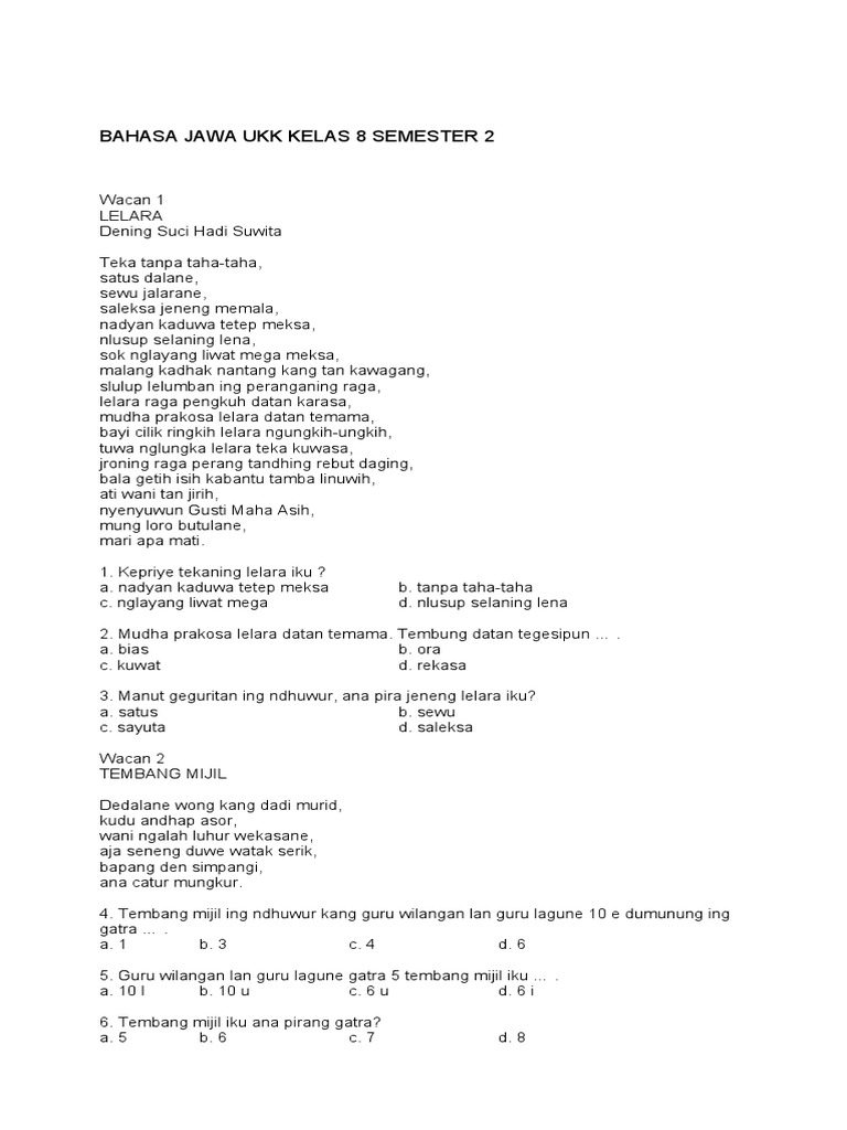 Bahasa Jawa Ukk Kelas 8 Semester 2 | PDF