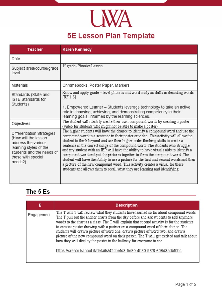 5E Phonics Lesson Plan Template | PDF | Phonics | Lesson Plan