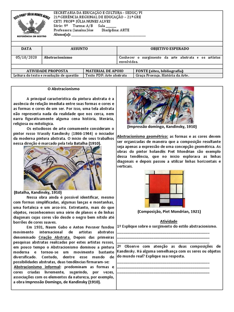 Atividade sobre Abstracionismo para 9º Ano | PDF | Arte abstrata ...