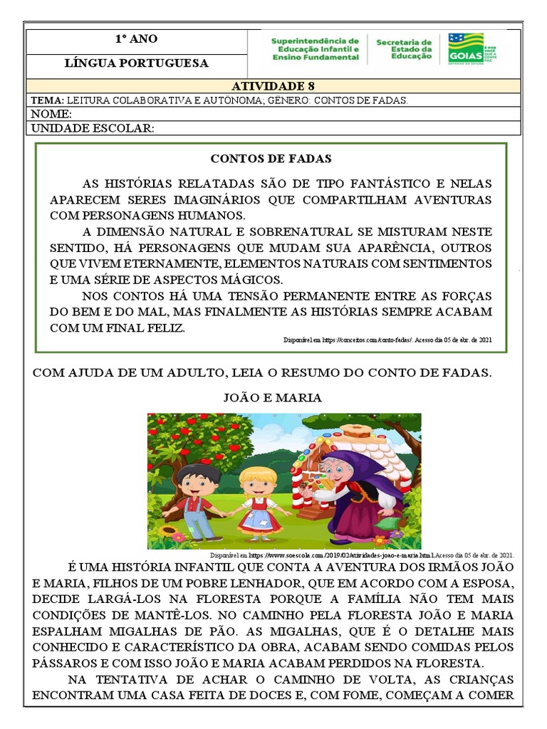 Atividade Portugues 1ano 07-05 (Contos de Fadas) | PDF | João e Maria, image size:768x1024
