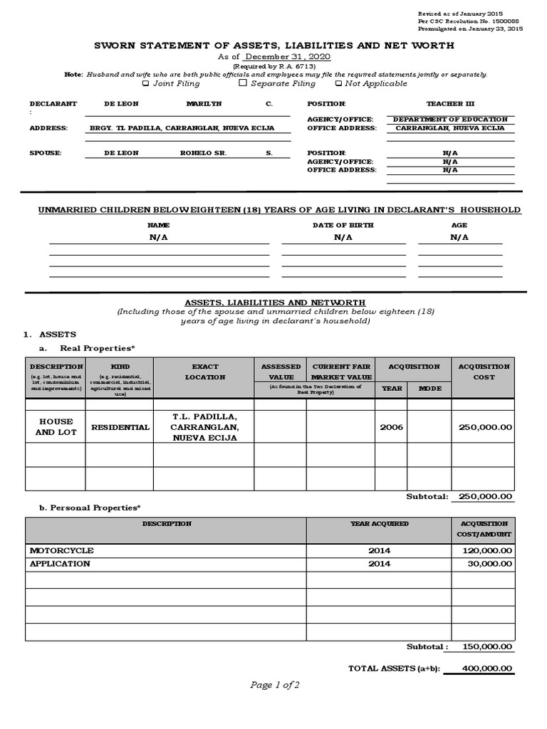 Sworn Statement of Assets 2020 | PDF | Government | Economies