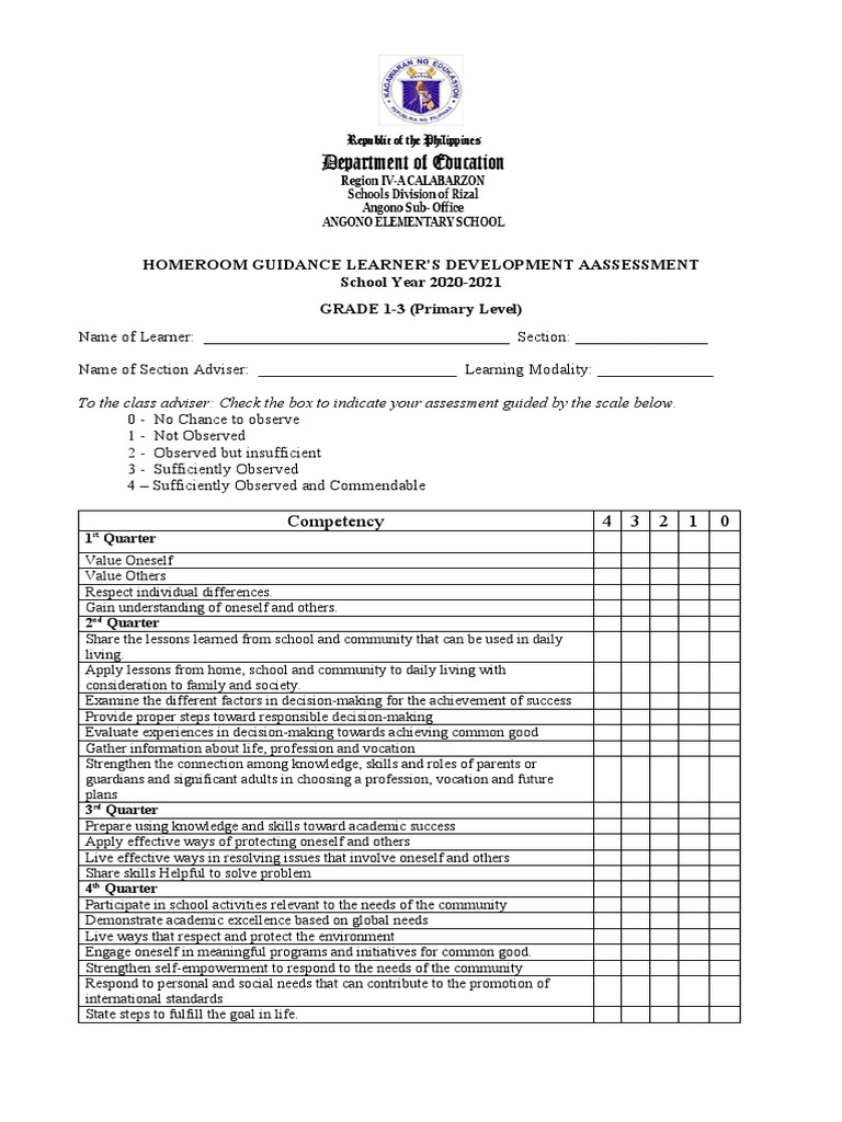 Grade 1-3 Homeroom Guidance Assessment | PDF | Career & Growth | Business
