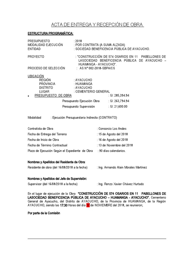 Acta de Entrega y Recepción de Obra Sin Observaciones-1 - 1917 | PDF ...
