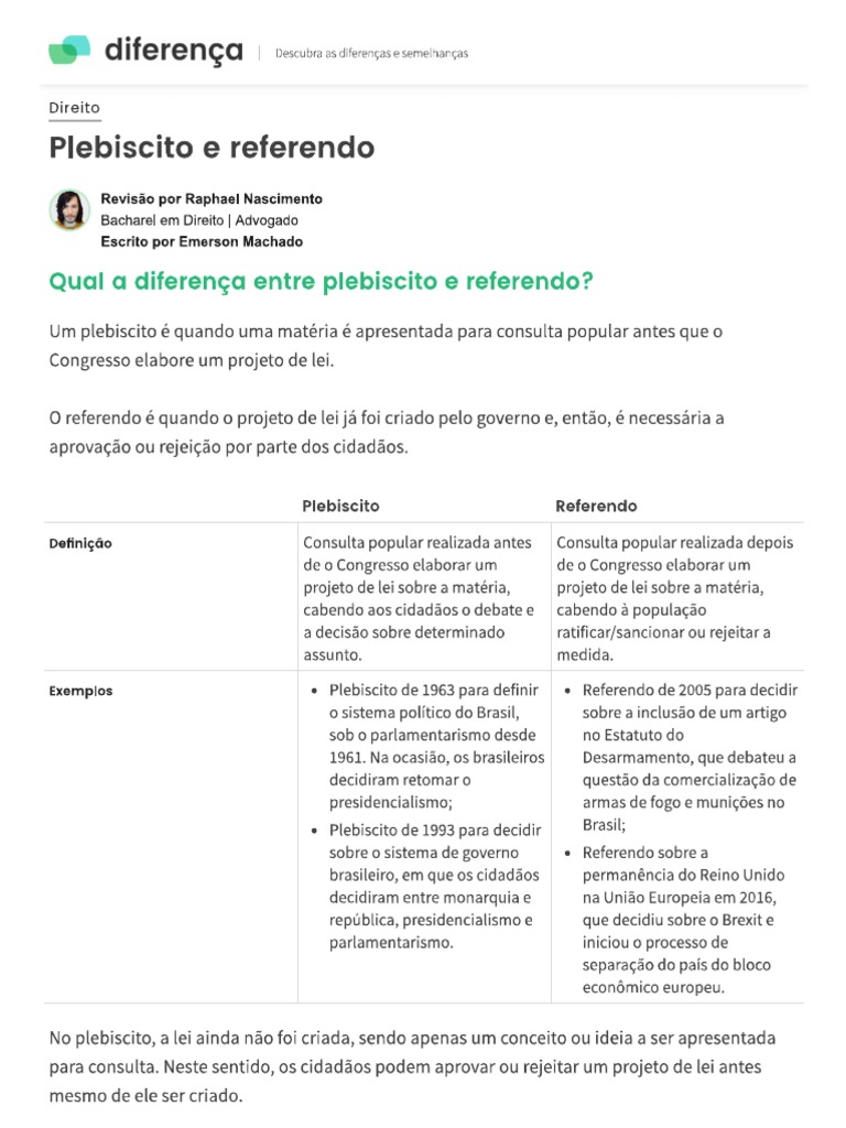 Qual A Diferença Entre Plebiscito e Referendo Diferença PDF