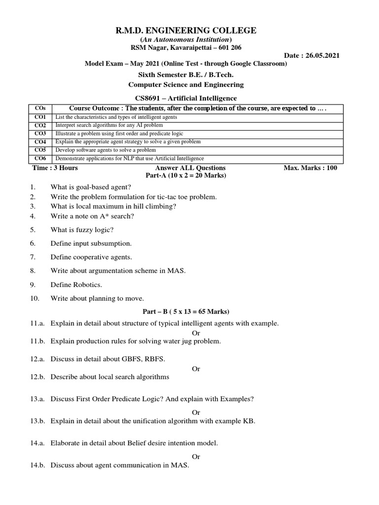 6QPG1 CSE Artificial Intelligence CS8691 QBM PDF Artificial