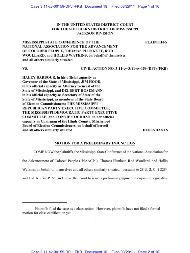 Motion For Preliminary Injunction PDF Voting Rights Act Of 1965 U