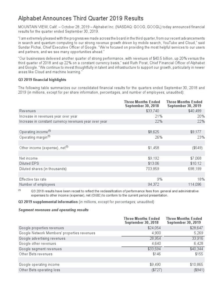 2019Q3 Alphabet Earnings Release | PDF | Expense | Investing