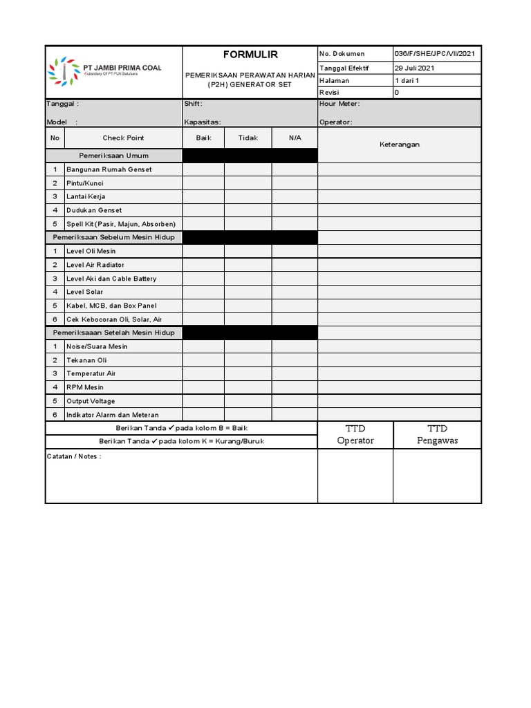 Formulir Pemeriksaan Harian Genset | PDF