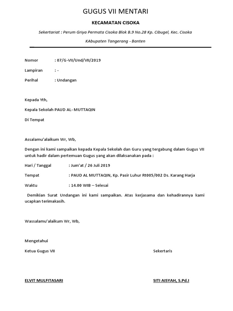 Undangan Rapat Gugus Vii Mentari | PDF