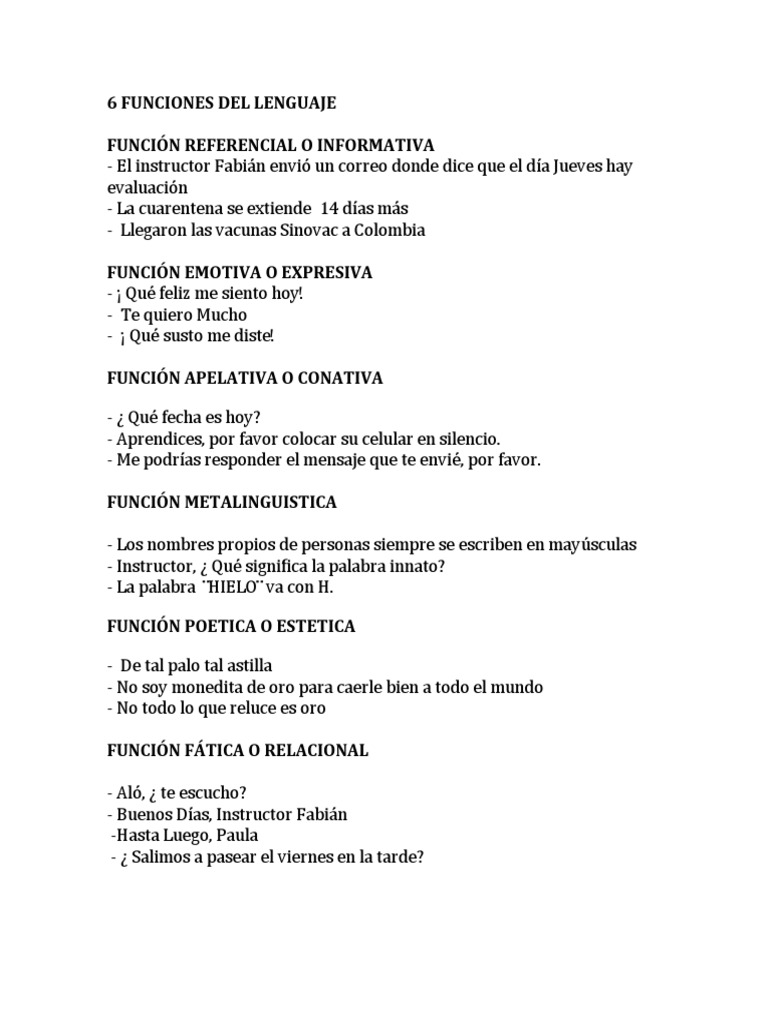 Ejemplos 6 Funciones Del Lenguaje | PDF | Artes del Lenguaje y Comunicación