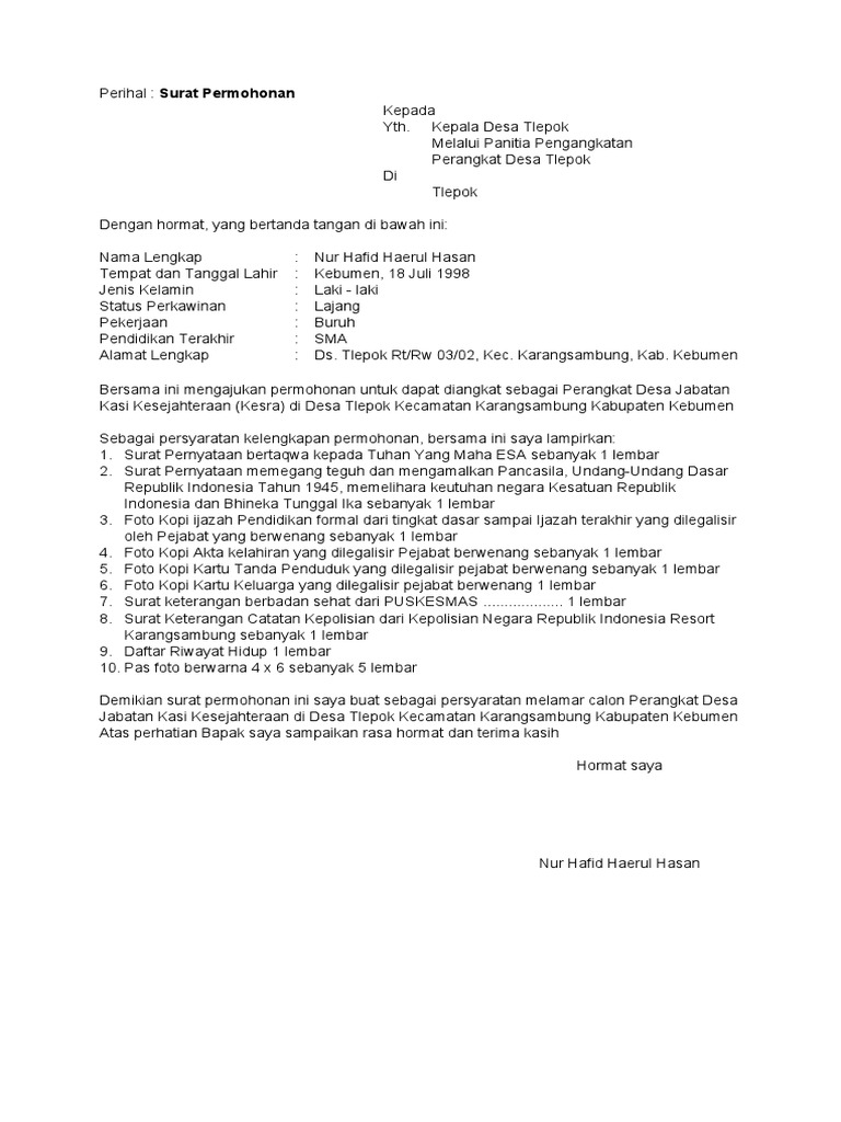 Contoh Surat Permohonan Lamaran Perangkat Desa Pdf