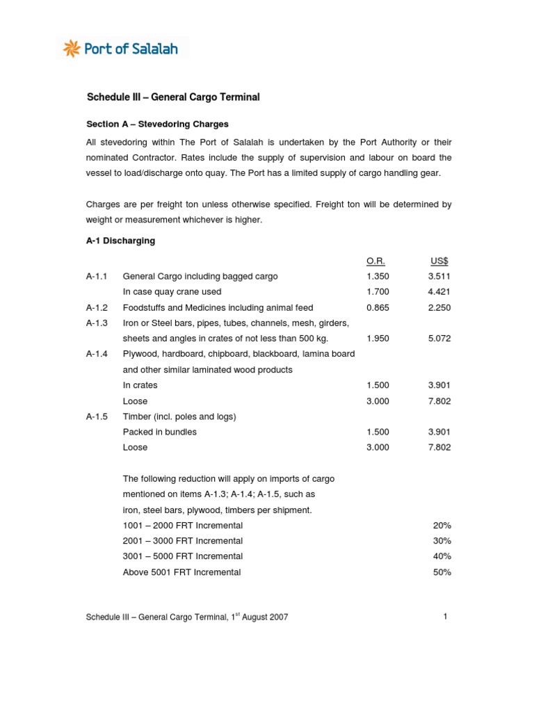 General Cargo Terminal Tariff PDF Stevedore Cargo
