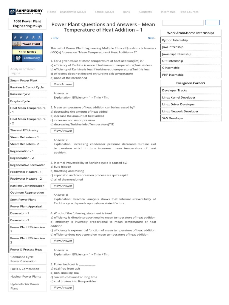 Steam Engine Analysis Power Plant Questions and Answers Sanfoundry