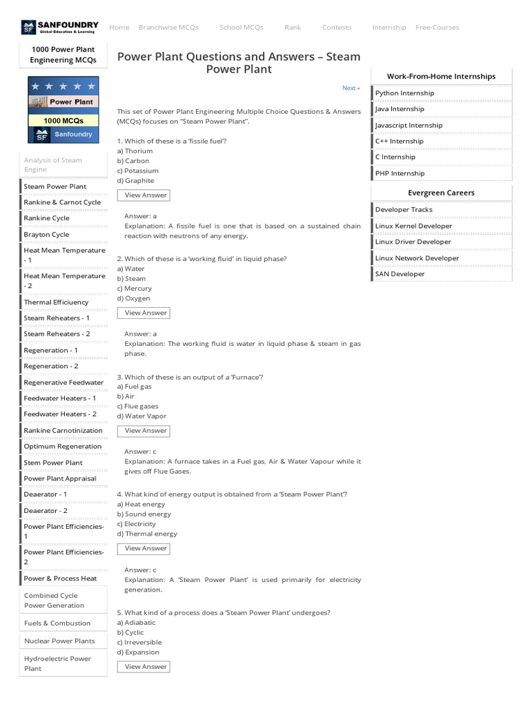 Steam Power Plant Questions and Answers Sanfoundry PDF Steam