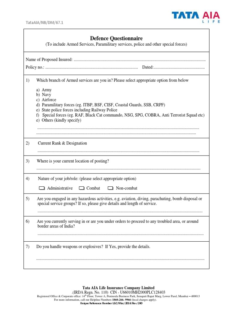 Defence Questionnaire Pdf National Security Military
