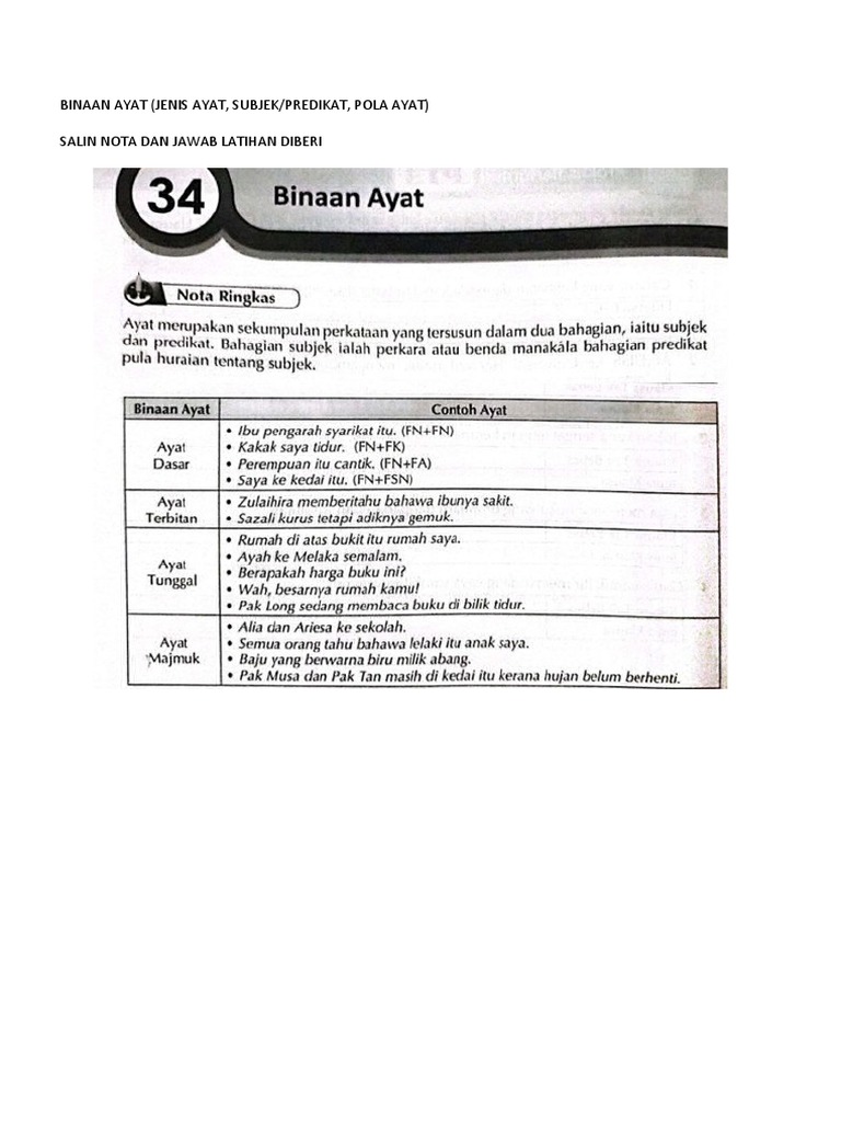 Latihan Subjek Predikat Pola Ayat Pdf