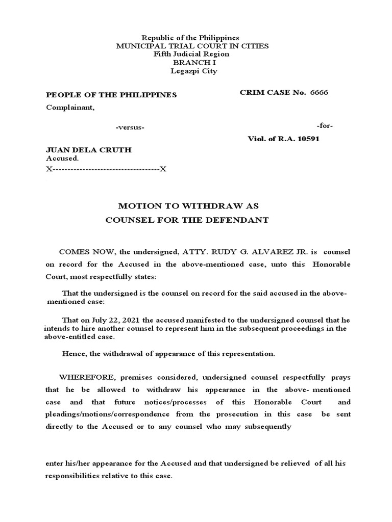 Motion To Withdraw As Counsel, Alvarez PDF Prosecutor Criminal