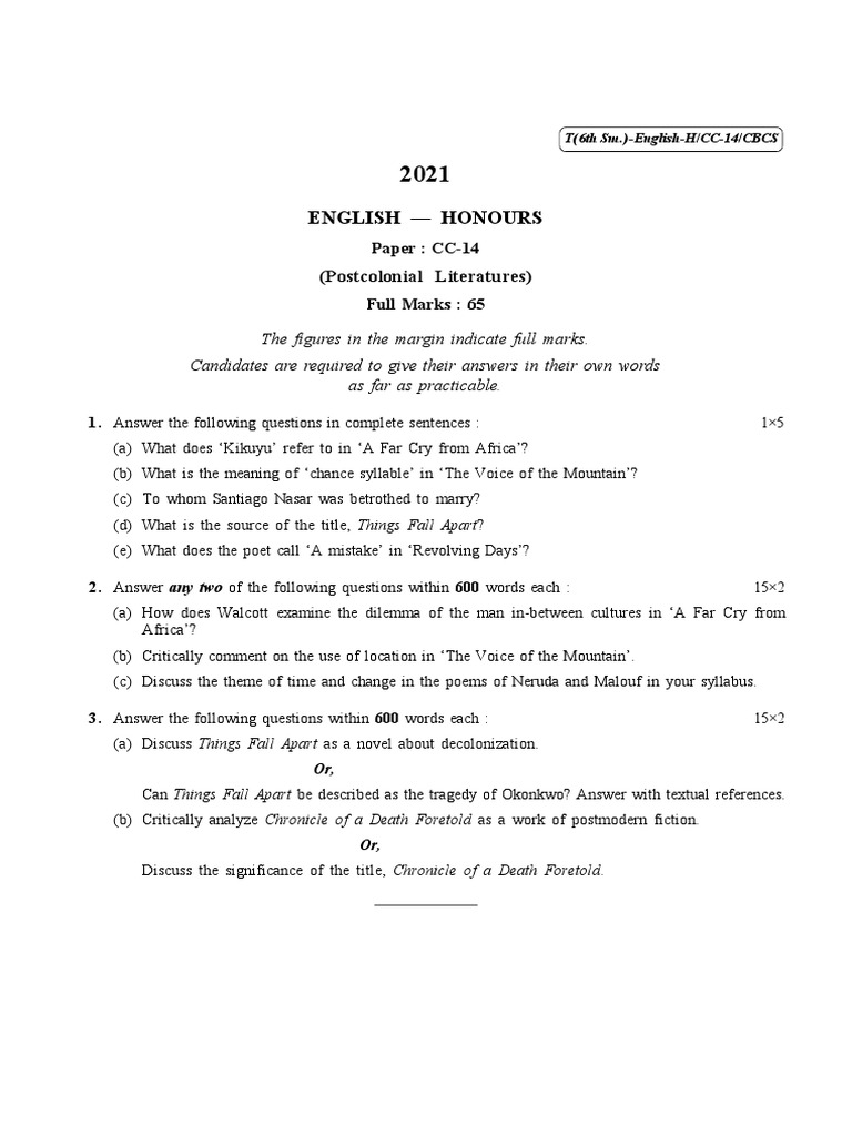 Sem 6 10 Ba Bsc Hons English Cc 14 Postcolonial Literatures Pdf
