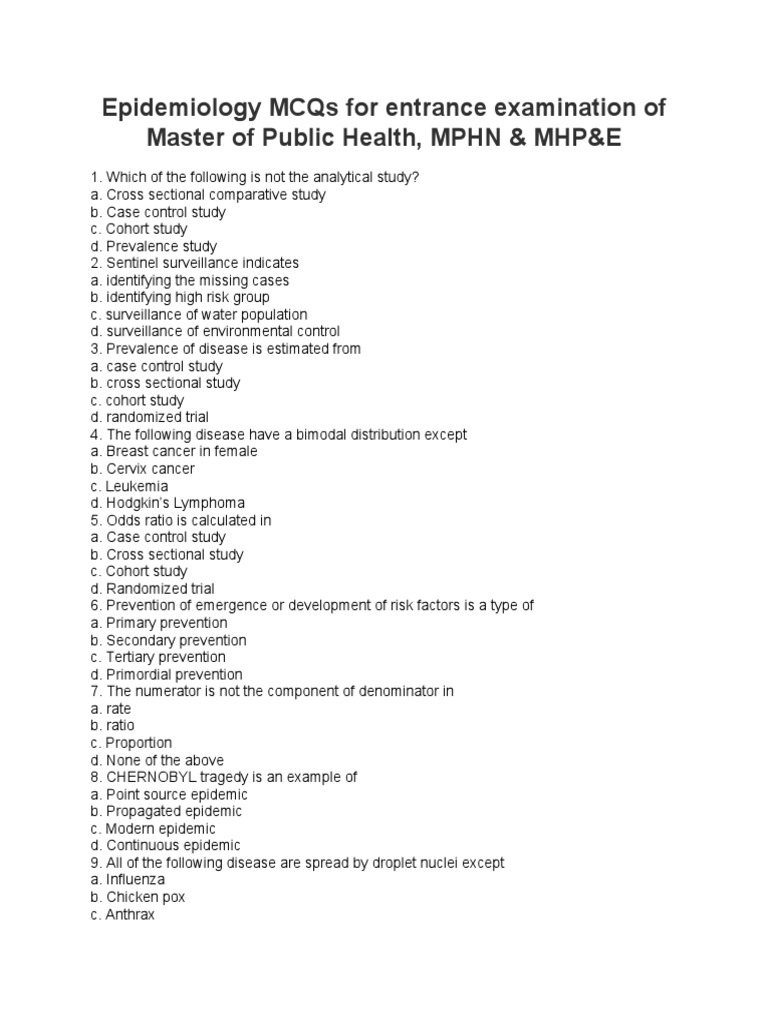Epidemiology MCQs For Entrance Examination of Master of Public Health
