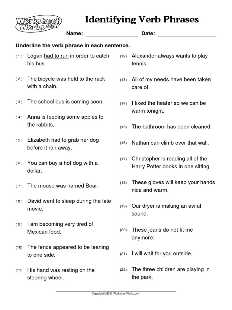 WorksheetWorks Identifying Verb Phrases 1 | PDF | Linguistics | Grammar