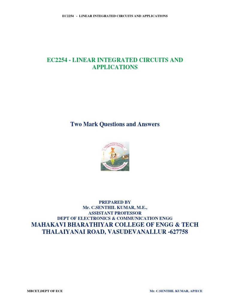 Ec2254 Linear Integrated Circuits and Applications Two Mark