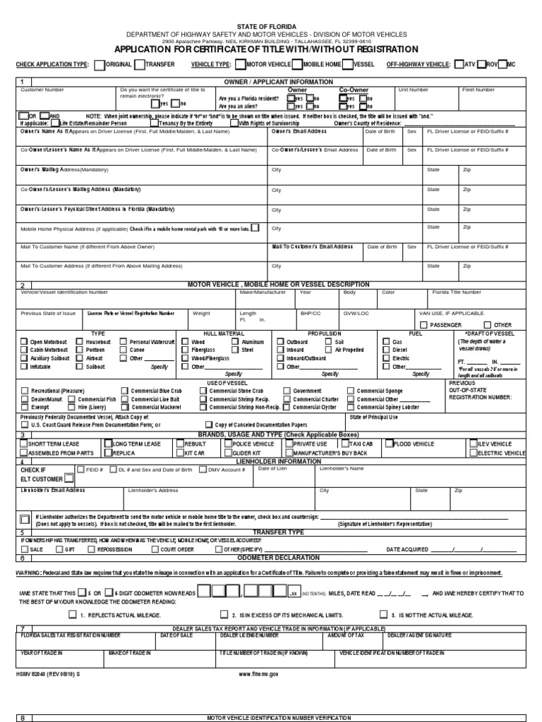 Florida Vehicle Title Application Form | PDF | Department Of Motor ...
