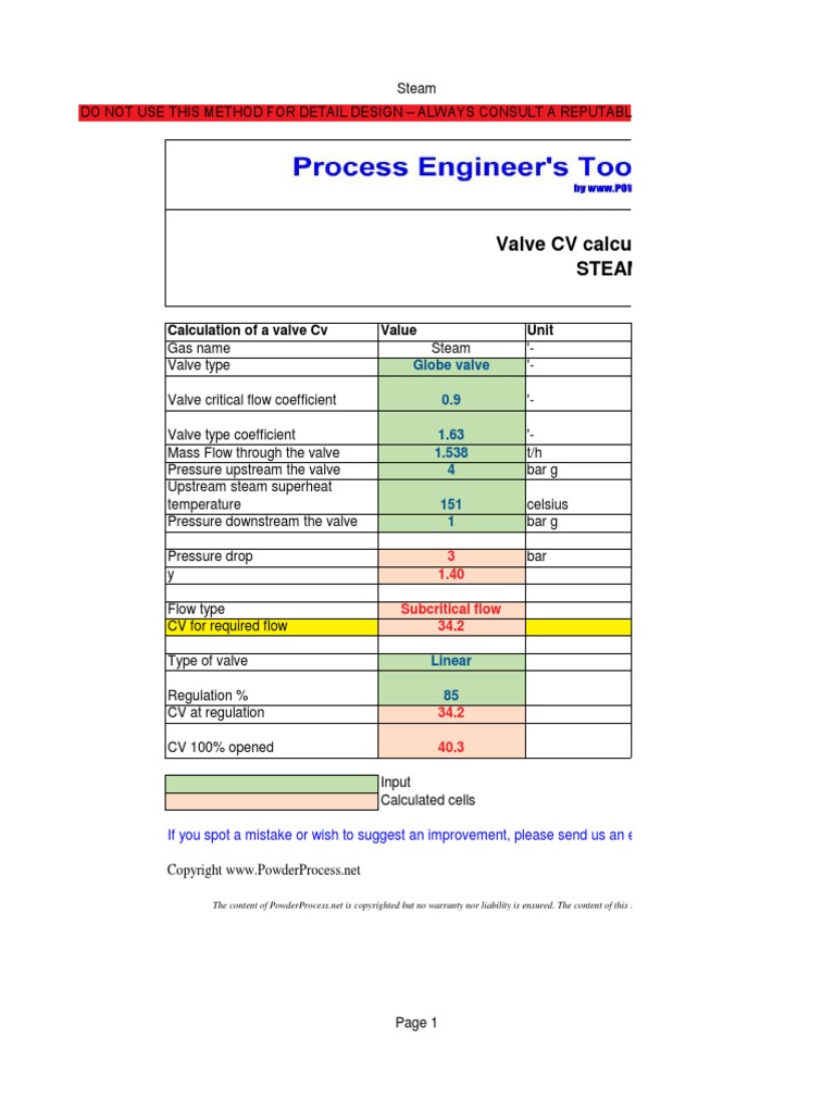 Valve CV Calculation Tool Steam PDF Valve Gases