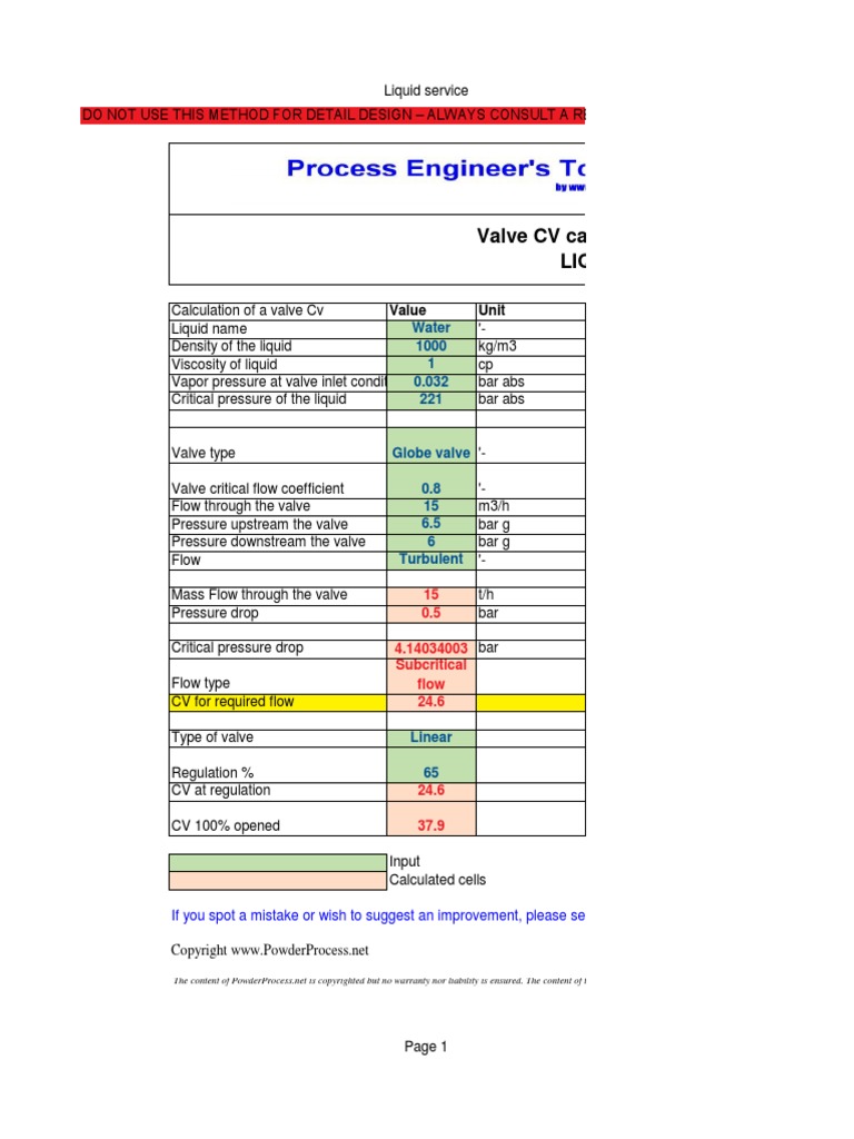 Flow and CV Calculation Tool | PDF | Valve | Fluid Dynamics
