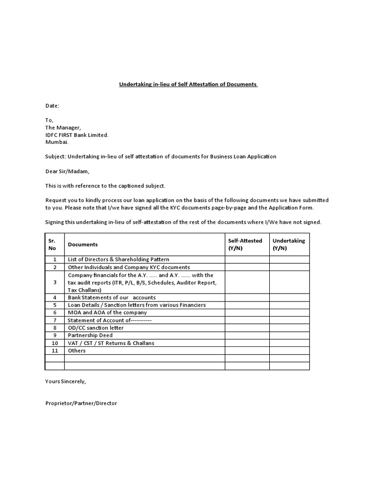 Business Loan Document Undertaking | PDF
