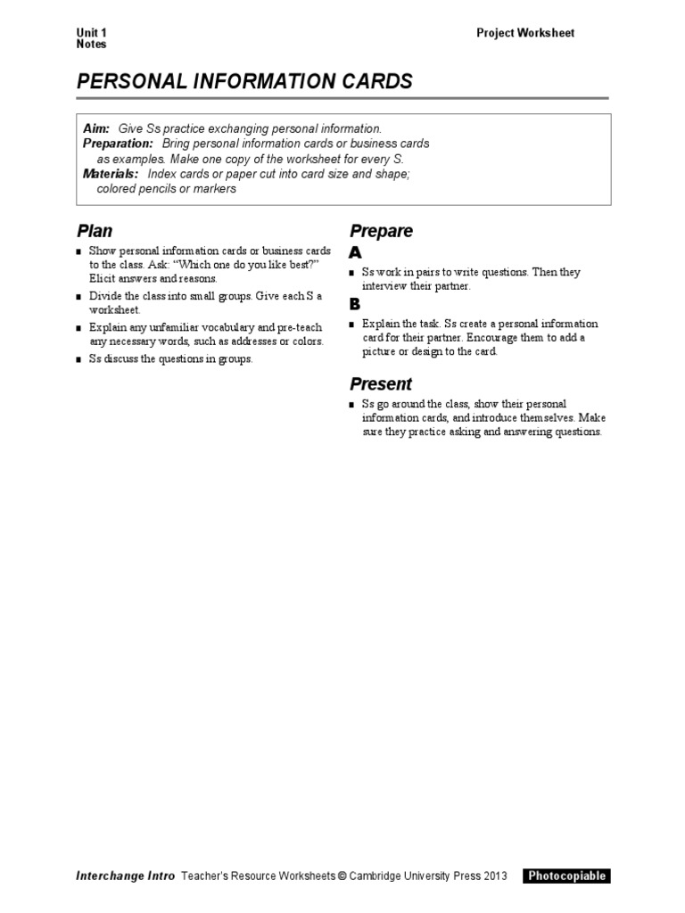 Personal Information Cards: Plan Prepare | PDF | Science | Science And ...